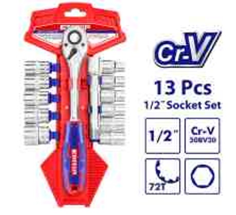 Professional Complete 13 Piece 1/2 inch Socket Set Cr-V Steel 10-24mm Sizes - Complete Mechanic Tool Set 72T Quick Release Ratchet Handle Heat Treated Chrome Plated
